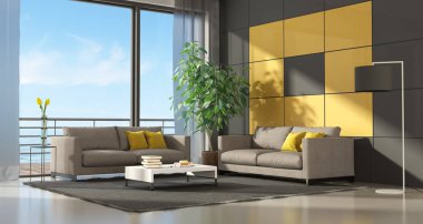 Gri ve sarı modern oturma odası iki kanepe - 3 boyutlu görüntüleme