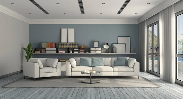 Sala Estar Moderna Blanca Azul Con Sofá Tela Sillón Aparador —  Fotos de Stock