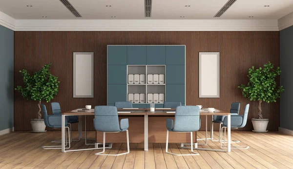 带有会议桌 办公椅和木制背景板的现代会议室 3D渲染 — 图库照片