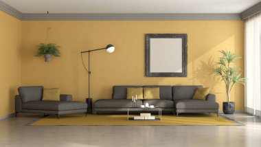 Siyah ve sarı minimalist oturma odası kanepe, şezlong ve zemin lambası - 3D görüntüleme