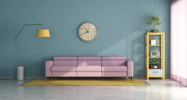 Blaues Wohnzimmer Mit Rosa Sofa Und Vintage Möbeln Rendering — Stockfoto