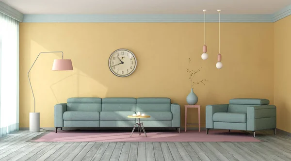 Minimalistische Woonkamer Met Blauwe Bank Fauteuil Tegen Gele Muur Rendering — Stockfoto