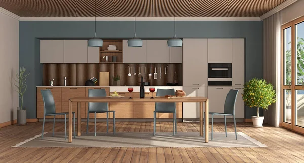 Bílá Modrá Moderní Kuchyň Jídelním Stolem Židlemi Dřevěným Stropem Vykreslování — Stock fotografie
