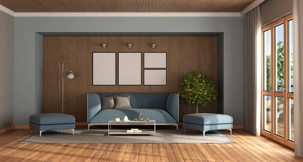 Salón Moderno Con Elegante Sofá Azul Taburete Contra Pared Madera —  Fotos de Stock