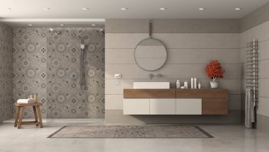 Lavabolu modern banyo ve eski fayanslı duş - 3D görüntüleme