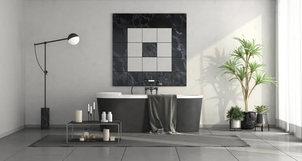 Minimalista Baño Blanco Negro Con Bañera Elegante Renderizado —  Fotos de Stock