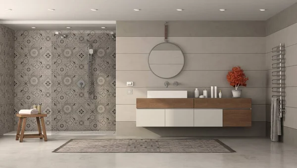 Modernes Badezimmer Mit Waschbecken Und Dusche Mit Retro Fliesen Rendering — Stockfoto