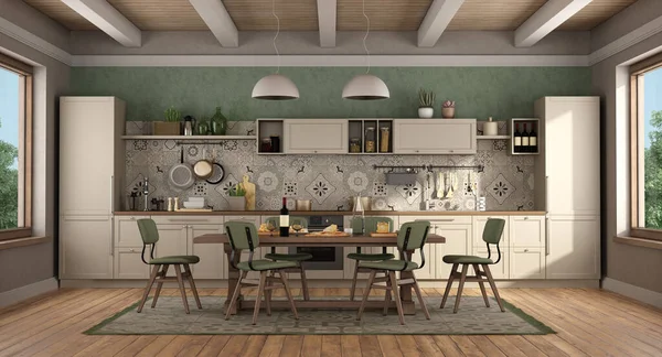 Cocina Estilo Clásico Con Mesa Sillas Madera Pared Verde Techo —  Fotos de Stock