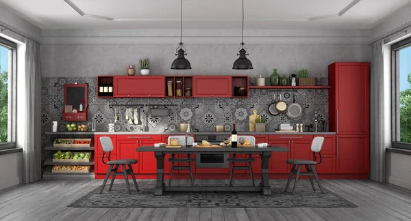 Bucătărie Stil Roșu Clasic Masă Scaune Din Lemn Negru Redare — Fotografie, imagine de stoc