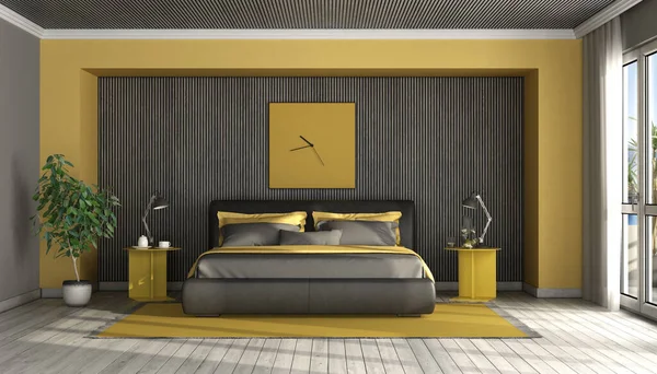 Černá Žlutá Moderní Ložnice Manželskou Postelí Proti Dřevěnému Panelu Vykreslování — Stock fotografie