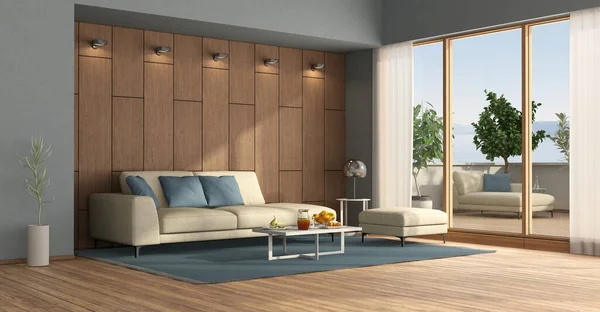 Modernes Wohnzimmer Mit Sofa Holzvertäfelung Und Terrasse Mit Chaiselongue Und — Stockfoto