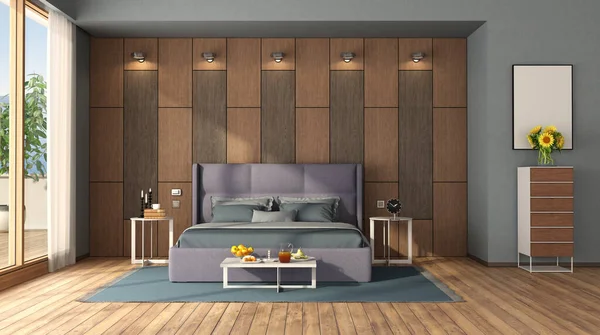 Dormitorio Moderno Con Cama Doble Contra Panel Madera Cafetera Cajones —  Fotos de Stock