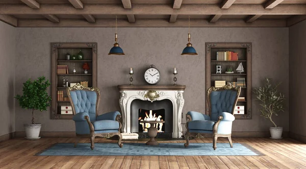 Classic Style Living Room Fireplace Blue Armchair Wooden Bookcases Wall — Stock Photo, Image