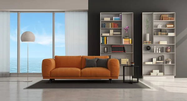 Moder Wohnzimmer Mit Orangefarbenem Sofa Und Bücherregal Auf Hintergrund Rendering — Stockfoto