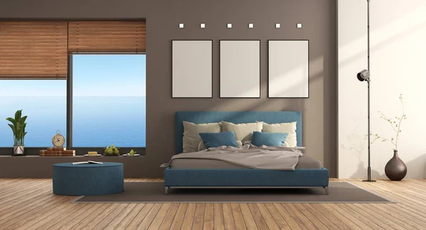 ダブルベッドと大きな窓付き青と茶色のモダンなベッドルーム 3Dレンダリング — ストック写真