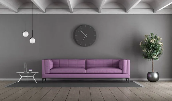 グレーの壁に対して紫色のソファとモダンなリビングルーム 3Dレンダリング — ストック写真