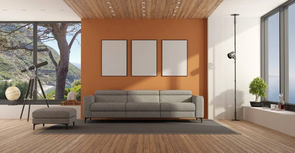 大きな窓とオレンジの壁に対するグレーのソファ付きのリビングルーム 3Dレンダリング — ストック写真