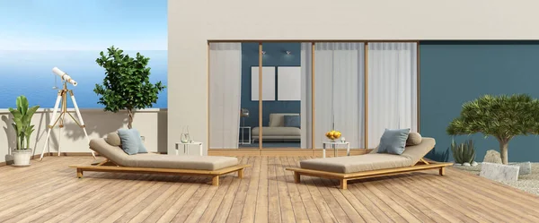 Terrace Modern Villa Overlooking Sea Two Chaise Lounges Hardwood Floor — Stock Photo, Image