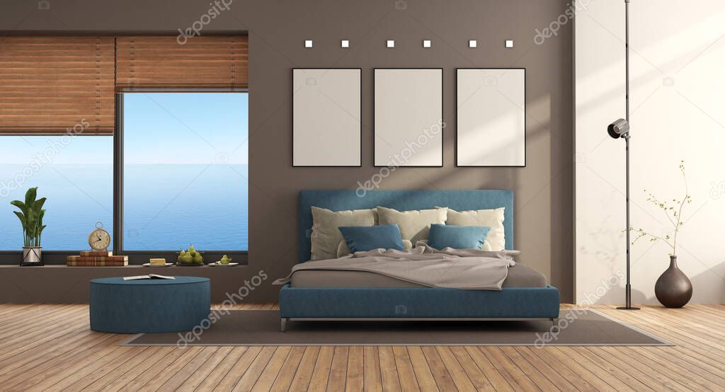 Blue and brown modern bedroom with double bed and large window - 3d rendering