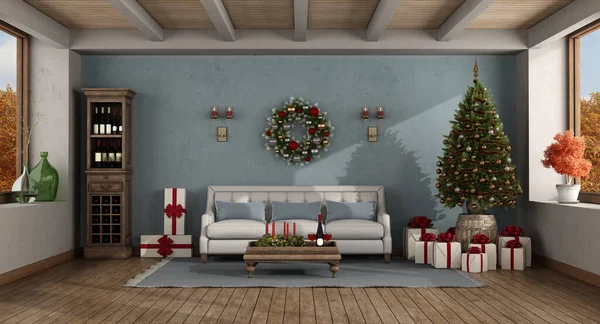 Retro Living Room Christmas Tree Gift Rendering — Stock Photo, Image