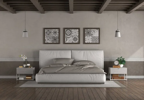 Minimaalist Double Bed Old Room Wooden Ceiling Hardwood Floor Rendering — Stock Photo, Image