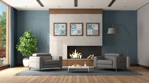 有壁炉和两张灰色扶手椅的现代客厅 3D渲染 — 图库照片
