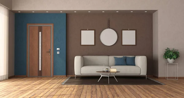 现代家居入口与关闭的前门 沙发和空白画框 3D渲染 — 图库照片