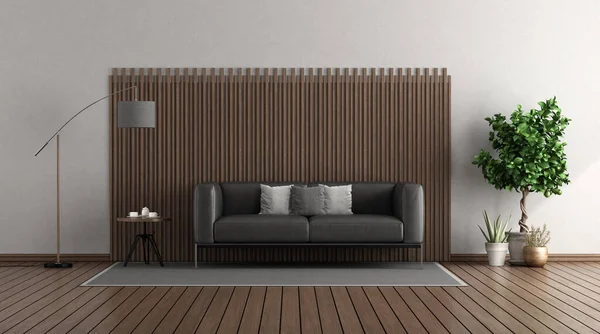 现代客厅 木制面板前的黑色皮革沙发 3D渲染 — 图库照片