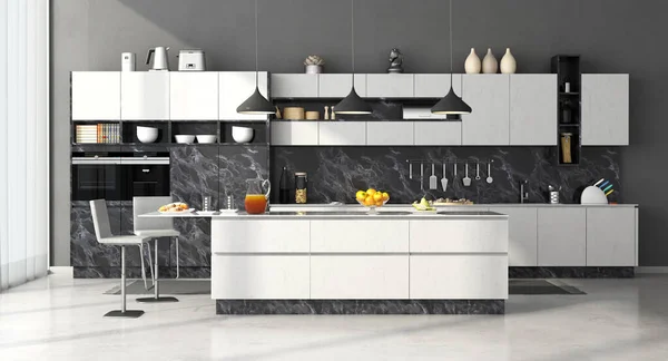 Modern Kitchen Black White Marble Island Stools Rendering — Stock Photo, Image