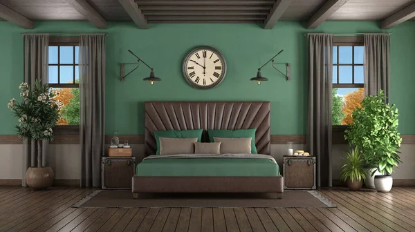 Skórzane Podwójne Łóżko Zielonym Pokoju Dwoma Drewnianymi Oknami Renderowanie — Zdjęcie stockowe