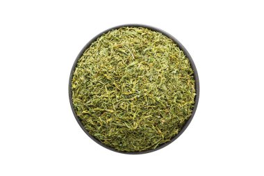 beyaz bir arka plan üzerinde izole kase, üstten görünüm, Kuru dereotu. organik baharat