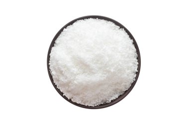 Beyaz bir arka plan üzerinde izole kase, üstten görünüm, Hindistan cevizi tozu. organik baharat