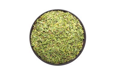 beyaz bir arka plan üzerinde izole kase, üstten görünüm, kurutulmuş kekik. organik baharat