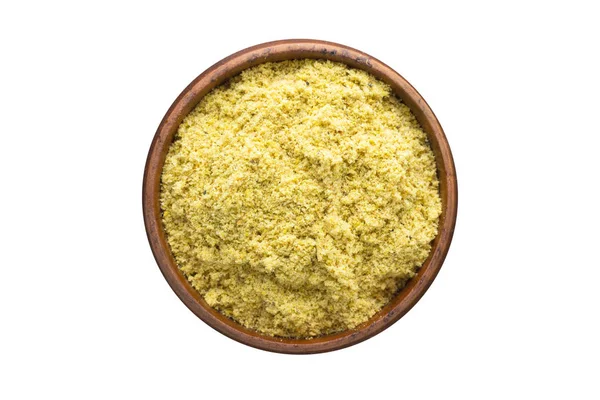 Mustard Powder Seasoning Wooden Bowl Top View Spice Isolated White — Stock Photo, Image