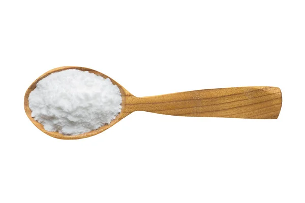 Αλάτι Για Την Προσθήκη Τροφίμων Καρύκευμα Ξύλινο Κουτάλι Απομονωμένα Λευκό — Φωτογραφία Αρχείου