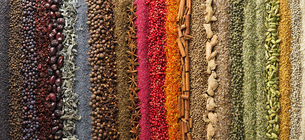 Panoramic background, spices and herbs for design packaging with food or websites headers.  Bright seasonings scattered on table in form rainbow.