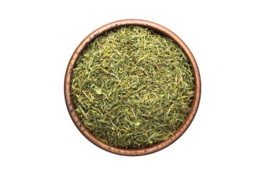 Kuru dereotu ahşap bir kapta, üstten görünüm baharat. baharat beyaz izole