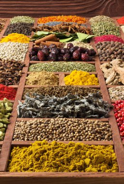  ahşap tepside baharat ve otlar toplama. Renkli çeşniler