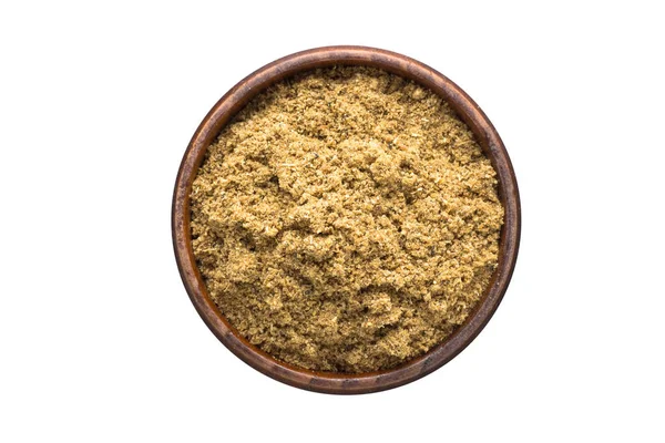 Cumin powder spice in wooden bowl, isolated on white background. — Stock Photo, Image