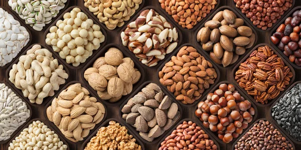 Assorted nuts background, large mix seeds. raw food products: pe — Stock Photo, Image