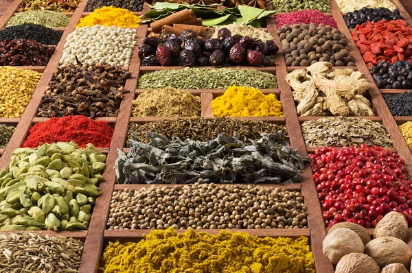 Fondo Especias Diferente Condimentos Hierbas Para Diseño Envases Alimentos Colorido —  Fotos de Stock
