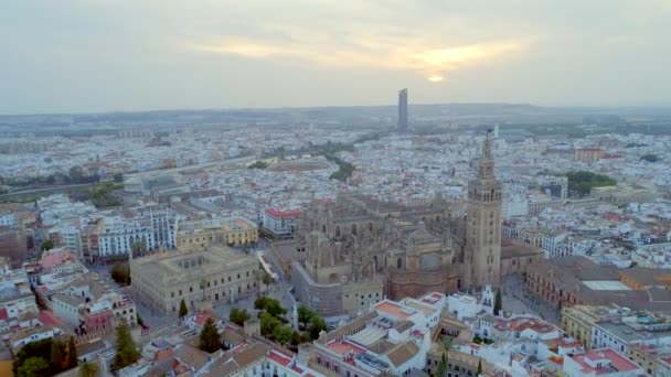 Sevilla Stad Kathedraal Vanuit Lucht Late Avond — Stockvideo