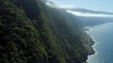 Madeira Portekizce ada kıyı şeridi sarma bir sahil yolu ile deniz üzerinde yükselen dev dağ