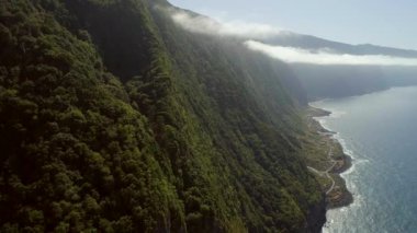 Madeira Portekizce ada kıyı şeridi sarma bir sahil yolu ile deniz üzerinde yükselen dev dağ