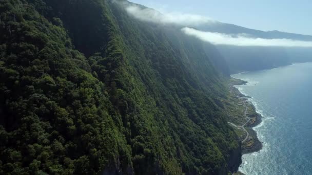 Gigantic Mountain Towering Sea Portuguese Island Madeira Coastal Road Winding — Stock Video