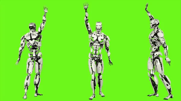 Robot android is waving a greeting. Realistic looped motion on green screen background. 3D Rendering.