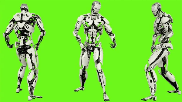 Robot android is playing guitar. Realistic looped motion on green screen background. 3D Rendering.
