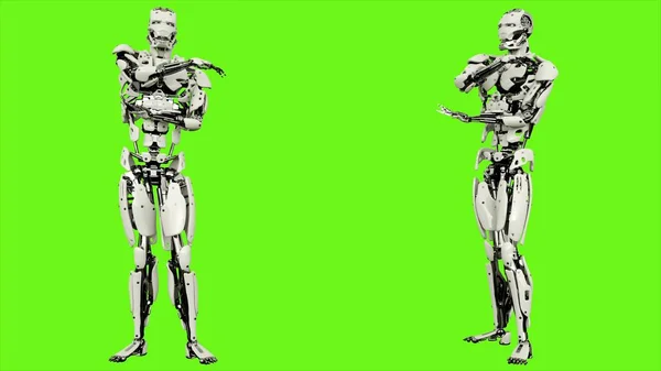 Robot android is arm stretching. Realistic looped motion on green screen background. 3D Rendering.