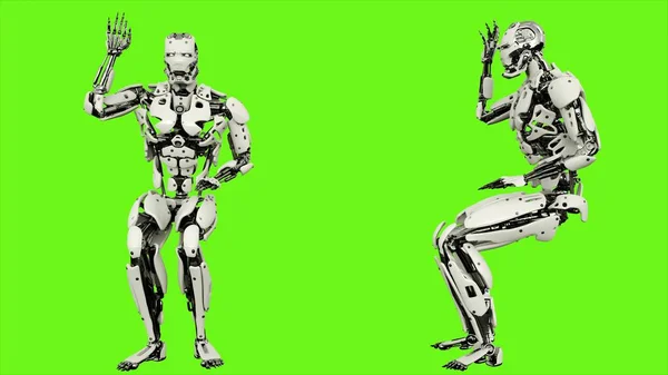 Robot android is asking question. Realistic looped motion on green screen background. 3D Rendering.