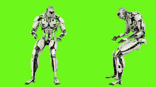 Robot android is banging fist. Realistic looped motion on green screen background. 3D Rendering.